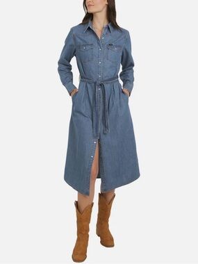 Wrangler Classic Western Snap Denim Midi Dress, Medium Wash Denim, Sz XS NWT
